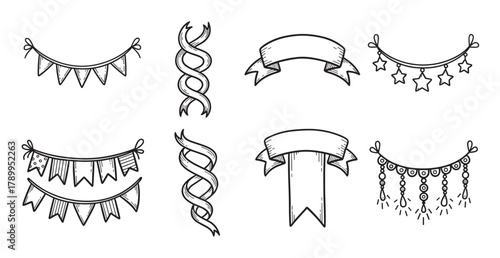 Hand drawn collection of party decorations and celebration banners. Doodle style set with ribbons, flags, and garlands for festive design. Isolated black and white outline elements