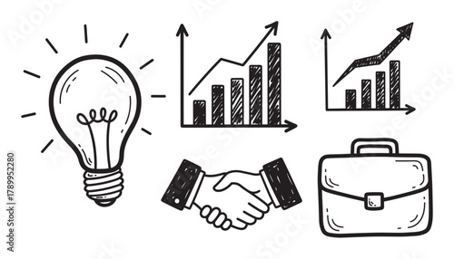 Creative business ideas and financial growth represented by hand drawn lightbulb and charts. Professional partnership and work success with handshake and briefcase icons