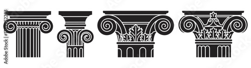 Set of classical column capitals showing different architectural orders. Ionic and corinthian pillar tops in a black silhouette style for historical or legal design concepts