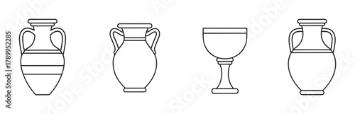 Set of ancient greek pottery icons in a minimal line art style. Collection of classic amphora and chalice symbols for history or archaeology design elements isolated on white