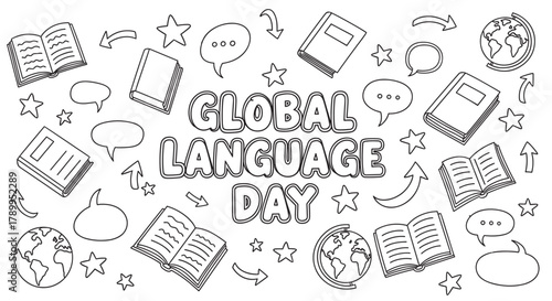 Global language day text surrounded by doodle elements. Outline drawing of books, globes, and speech bubbles. Concept for education and international communication