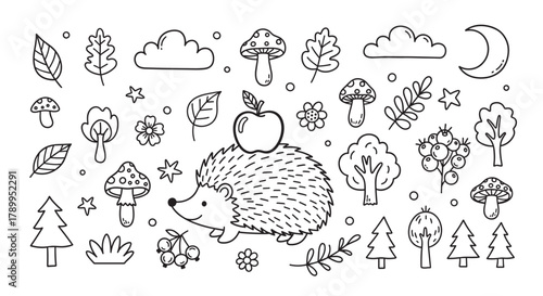 Hand drawn set of cute forest elements with a hedgehog, mushrooms, and trees. Black and white doodle icons for children's coloring books or seasonal autumn decorations