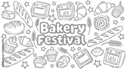 Bakery festival lettering with a collection of hand drawn food icons. Outline doodle set with bread, croissant, cupcake, and oven for a coloring page or event banner