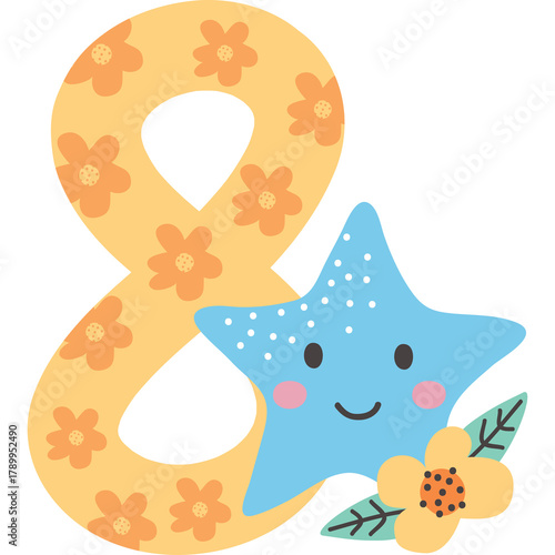 Decorative Number Eight With A Cute Blue Star Character And Floral Accents On A Transparent Background