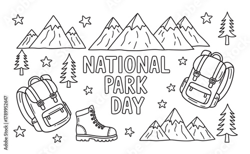 Hand drawn national park day lettering with a collection of outdoor adventure icons. Doodle style coloring page with mountains, hiking boot, backpack, trees and stars
