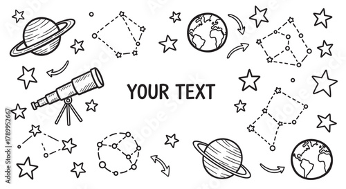 A collection of astronomy and space exploration icons in a cute doodle style. Hand drawn design elements like planets, stars, and a telescope frame a central text area