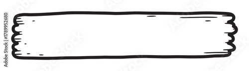 Hand drawn wooden plank sign with a rustic border. Blank black and white graphic element for text or logo placement. Isolated cartoon signboard with copy space for creative design