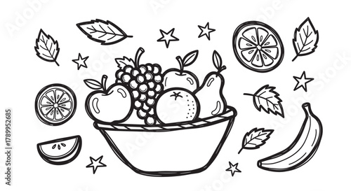 Hand drawn doodle set of fresh organic fruits in a bowl. Black and white sketch collection with apple, banana, grapes and orange for healthy eating or coloring book design