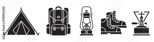 Essential camping equipment icons in black silhouette. Ideal for outdoor adventure designs, web elements, and mobile applications. Includes tent, backpack, lantern, boot, and stove