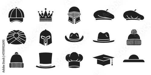 A diverse collection of headwear icons in black silhouette. Featuring various hats, caps, helmets, and crowns. Ideal for fashion, professional, or educational graphic design elements