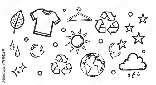 Hand drawn doodle collection of sustainable fashion and ecology elements. Featuring recycling symbols, laundry care, and environmental concepts for eco friendly branding
