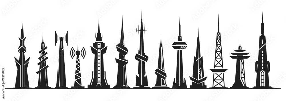 Fototapeta premium Modern communication towers and observation structures. A diverse collection of futuristic architectural elements for urban development and technology concepts