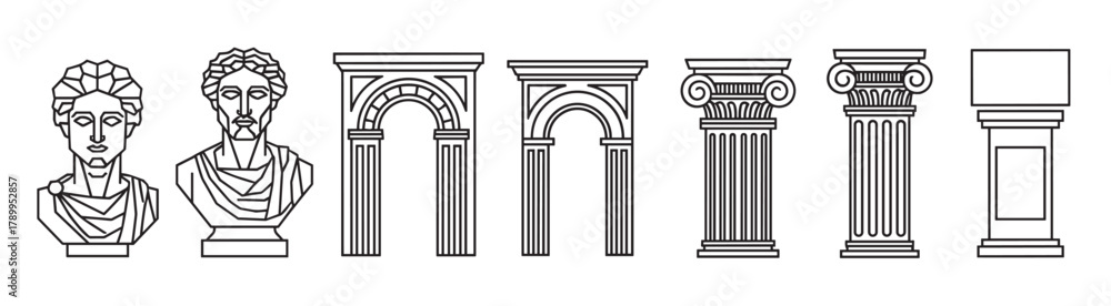 Obraz premium Minimalist line art icons of classical antiquity elements isolated on white. Set features ancient greek statue busts, roman arches, ionic columns and a museum pedestal