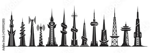 Modern communication towers and observation structures. A diverse collection of futuristic architectural elements for urban development and technology concepts
