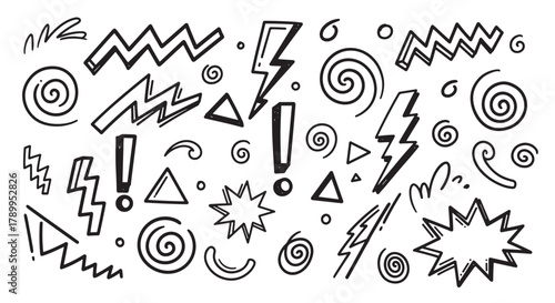 Hand drawn doodle set of abstract emphasis elements. Collection of comic style lightning bolts, spirals, and exclamation marks for graphic design and social media posts