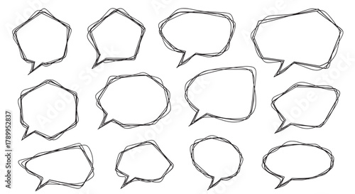 Set of hand drawn speech bubbles in a messy doodle style. Sketchy chat box frames for communication and dialogue concepts. Isolated graphic elements for comic design