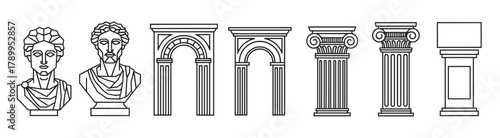 Minimalist line art icons of classical antiquity elements isolated on white. Set features ancient greek statue busts, roman arches, ionic columns and a museum pedestal
