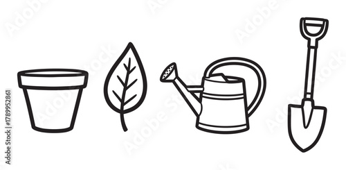 Minimalist line art icons featuring gardening essentials like a pot, leaf, watering, and shovel. Perfect for spring, nature, and home garden themed projects