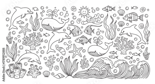 Doodle set of marine life with dolphins whales and fish. Black and white outline drawing for a kids coloring book page. Cute cartoon underwater world with coral reef and seaweed