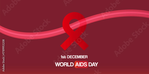 World AIDS DAY 1 december banner with red ribbon. World HIV awareness day starts in 1 December. Red ribbon with text isolated on abstract red background with waves. World AIDS Day poster