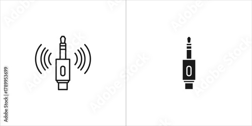 Audio jack icon with signal waves in outline and solid style