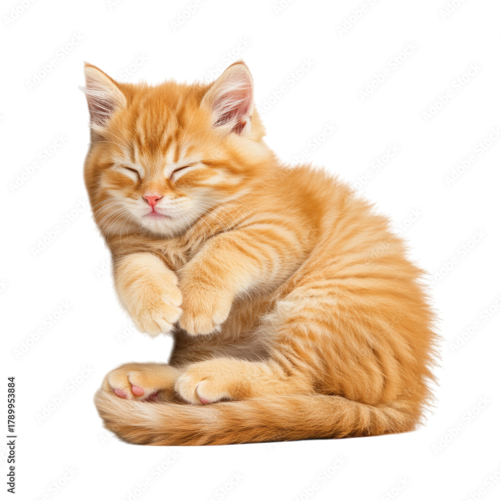 Fototapeta premium Adorable orange tabby kitten peacefully sleeping curled up symbolizing rest isolated on transparent background