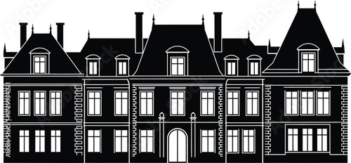 Elegant black and white mansion illustration with classic architecture