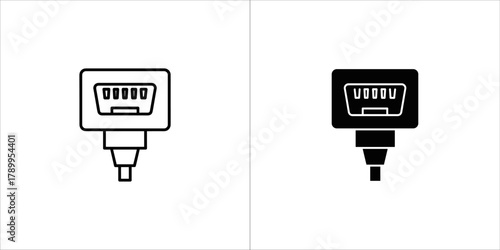 Black and white outline and filled icons of a usb connector