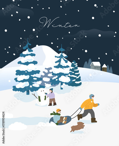 A warm winter night scene of a man pulling a sled with a child, while another girl builds a snowman under falling snow. Perfect for holiday and seasonal templates.