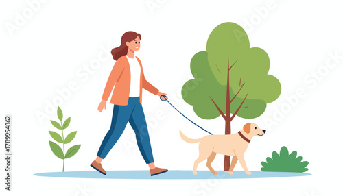 A woman walks her golden retriever dog on a leash in a park setting with trees.