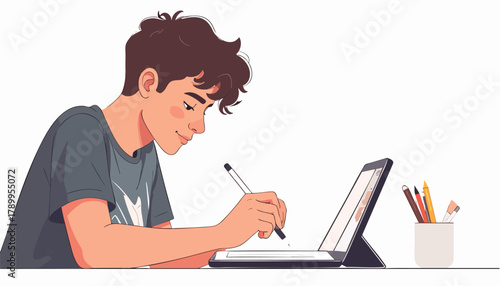 A young man is drawing on a tablet with a stylus, focused and smiling.