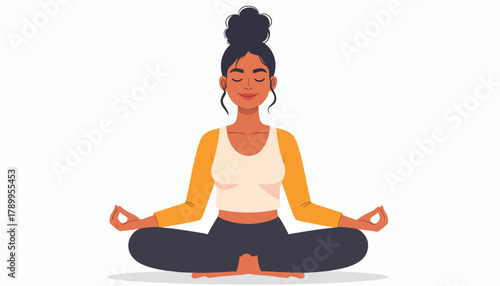 A woman sits in lotus position, meditating with eyes closed, promoting relaxation and mindfulness.