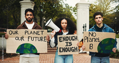 Tableau sur toile Portrait, protest and people with poster, climate change and university with sustainability