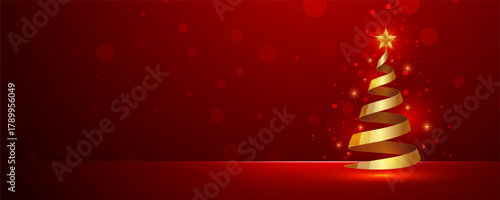 Red background with a golden ribbon Christmas tree and sparkles