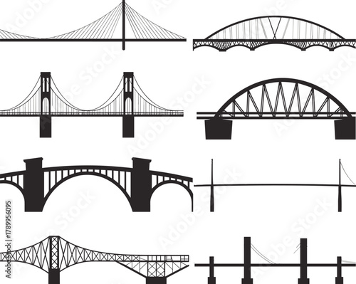 Bridge silhouette icons, suspension bridge, arch bridge, truss bridge, cable-stayed bridge, engineering design, black illustration, civil structure, span types