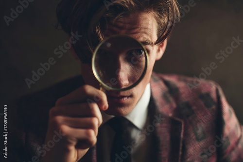 Young man wearing a suit holding a magnifying glass to his eye, intently looking, symbolizing exploration and discovery