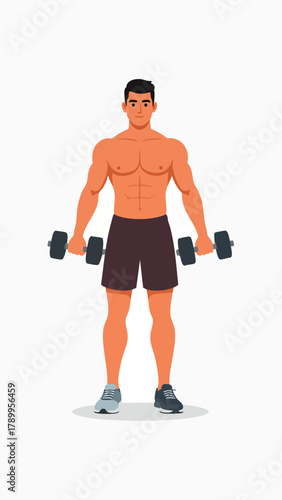 Muscular man holding dumbbells, exercising his biceps in a fitness workout.