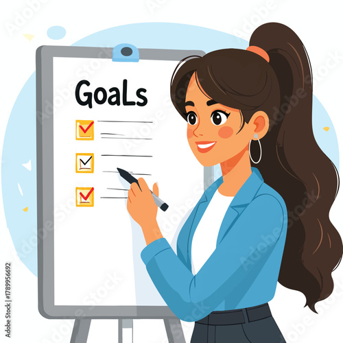 An illustration of a woman presenting a whiteboard with "Goals" written on it and checkmarks next to each item.