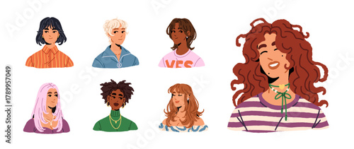 Avatars of diverse young women set. Portraits of girls with different hairstyles, wavy, straight and short hair. Happy people with smiling faces. Flat isolated vector illustrations on white background