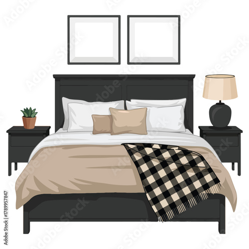 Luxury hotel bedroom interior design with comfortable bed, pillows, and decorative lamp