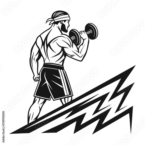 Fitness Athlete Lifting Dumbbell Muscular Man Doing Bicep Curls