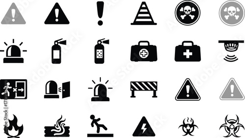 Essential safety and warning icons for workplace hazard prevention use