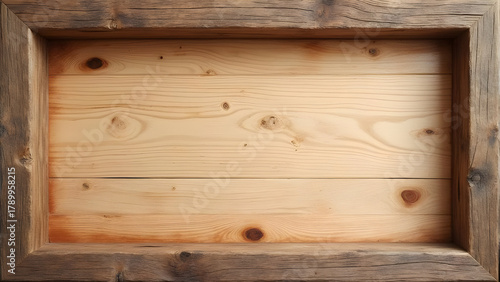 Top view of an empty rustic wooden box with a dark, weathered frame and a light pine wood interior.