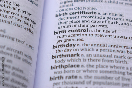 English Dictionary Page Close Up With the Word Of -birth control