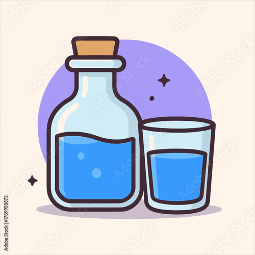 Flat vector logo illustration of water bottle and glass for drink, beverage, healthy lifestyle. 97