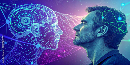 Futuristic visual of AI microchips meeting the human mind, Neon blue and purple abstract circuitry illustrates machine learning, neural networks, and technological development by miniaturized engineer