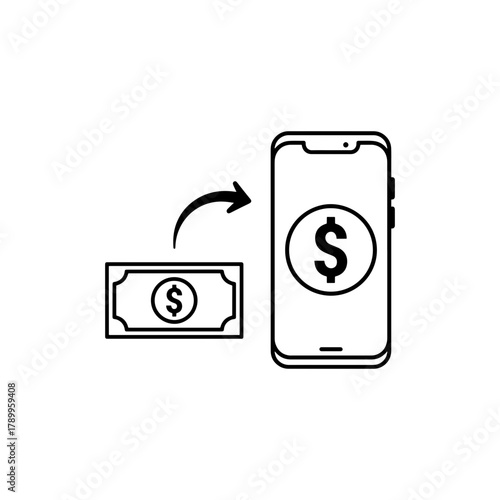 Money transfer from a bill to a smartphone with a dollar sign in a simple black and white outline style