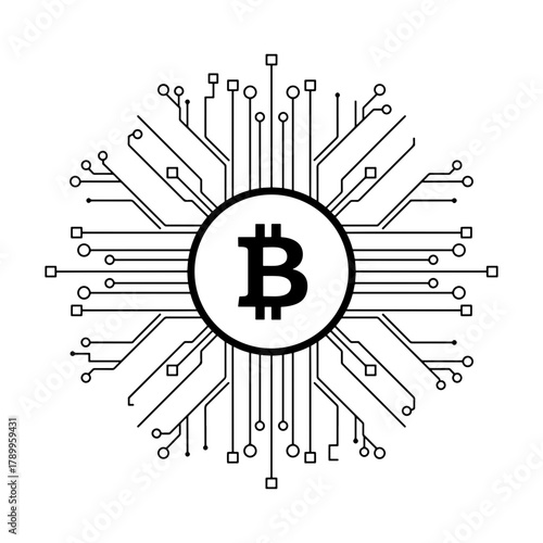 Bitcoin symbol in a circle with radiating lines and geometric shapes in a circuit board style design
