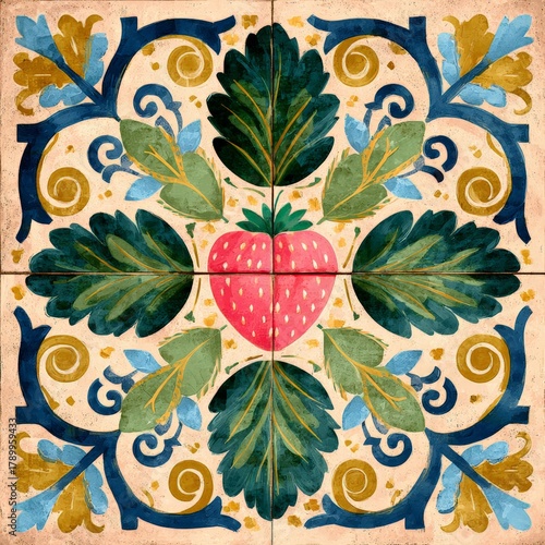Vibrant floral illustration with a central strawberry, surrounded by detailed leaves and decorative patterns, highlighting artistic creativity and colorful design