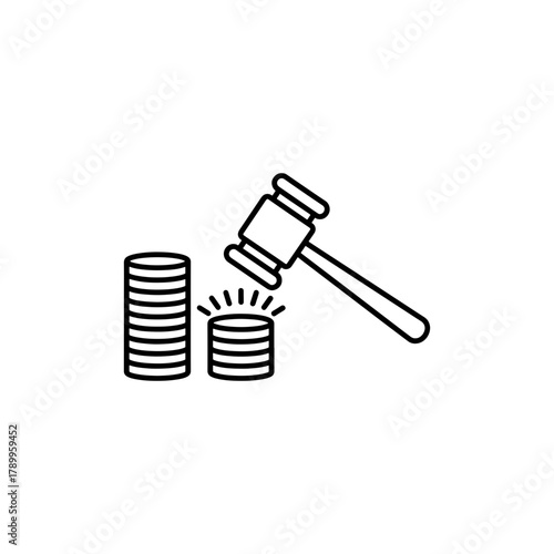 Gavel striking a stack of coins next to a taller stack, representing legal financial decisions